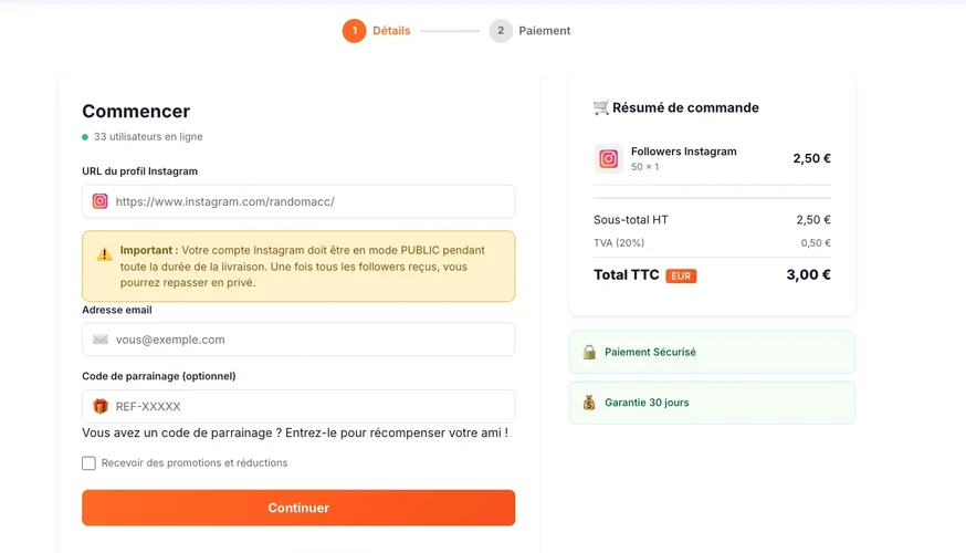 Buy Instagram followers - Followers Lab order process